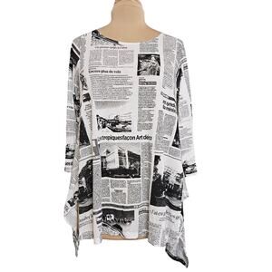 Comfy USA Top Womens Newspaper Print Asymmetric Lagenlook White Black Small